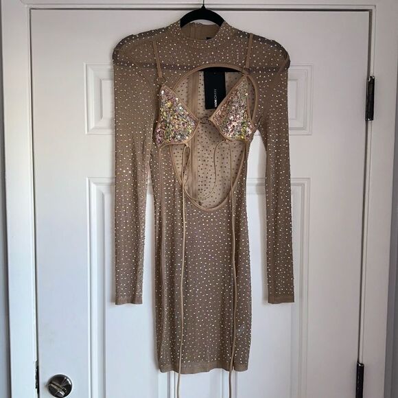 Fashion nova Flirt Envy Embellished Mini Dress Mocha fashion nova new NWT size S - Picture 4 of 9